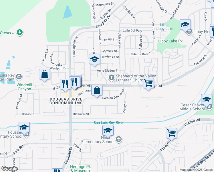 map of restaurants, bars, coffee shops, grocery stores, and more near N River Rd & Festival Dr in Oceanside
