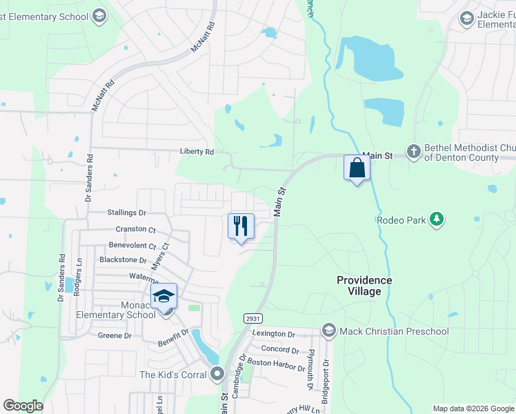 map of restaurants, bars, coffee shops, grocery stores, and more near 10128 Revere Dr in Denton County