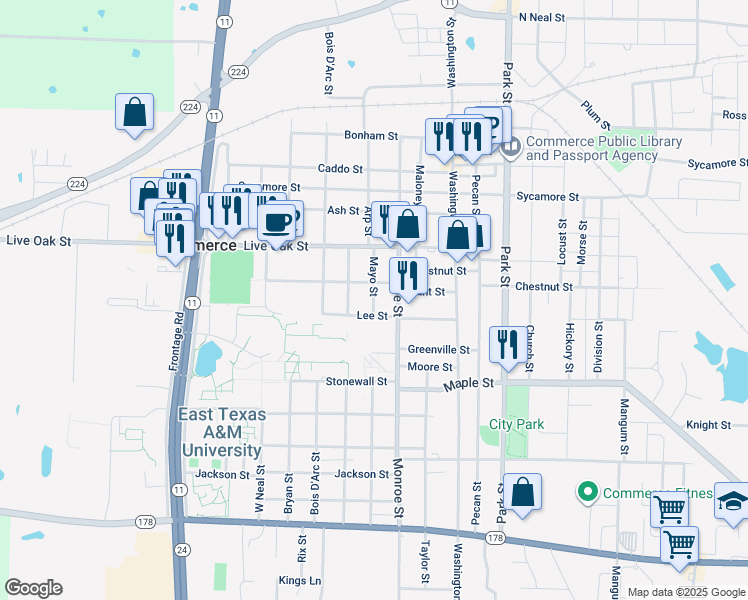 map of restaurants, bars, coffee shops, grocery stores, and more near 1715 Mayo Street in Commerce
