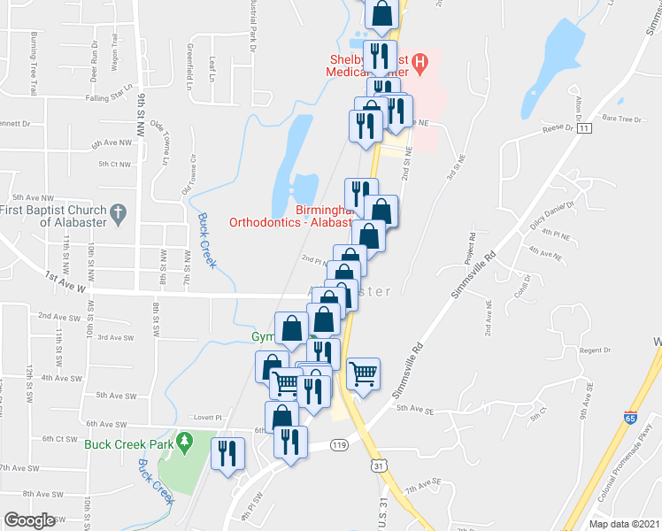 map of restaurants, bars, coffee shops, grocery stores, and more near 2nd Place Northwest in Alabaster