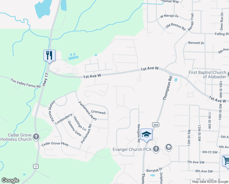map of restaurants, bars, coffee shops, grocery stores, and more near 249 Cedar Meadow in Alabaster