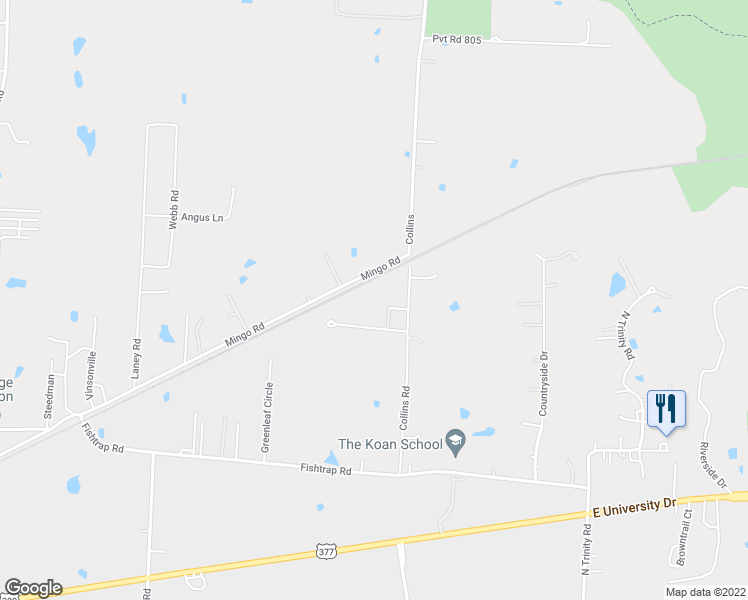 map of restaurants, bars, coffee shops, grocery stores, and more near 2316 Collins Road in Denton