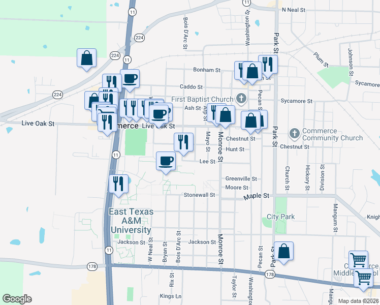 map of restaurants, bars, coffee shops, grocery stores, and more near 1702 Hunt Street in Commerce