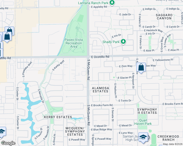 map of restaurants, bars, coffee shops, grocery stores, and more near 4166 South Springs Drive in Chandler