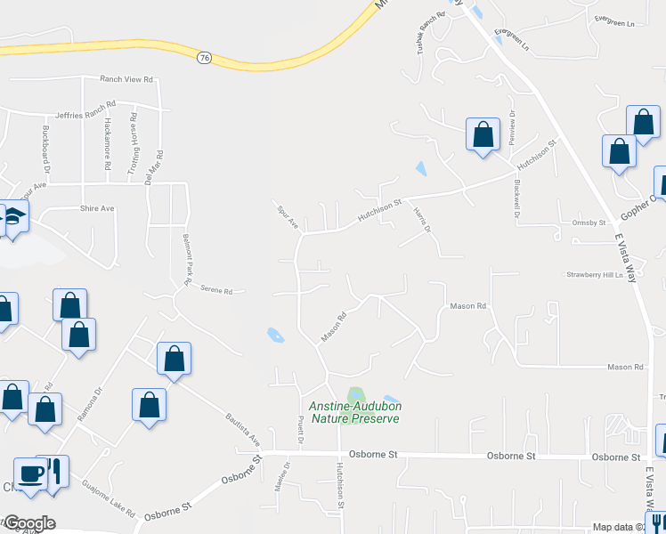 map of restaurants, bars, coffee shops, grocery stores, and more near 2915 Hutchison Street in Vista