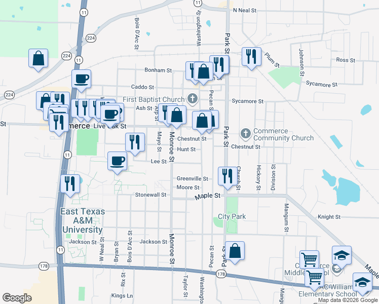 map of restaurants, bars, coffee shops, grocery stores, and more near 1307 Chestnut Street in Commerce