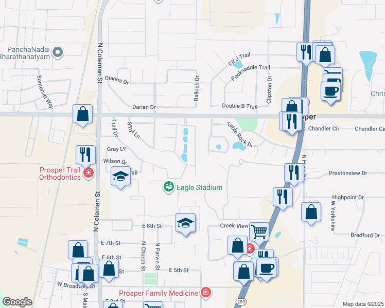 map of restaurants, bars, coffee shops, grocery stores, and more near 1001 Jessica Lane in Prosper