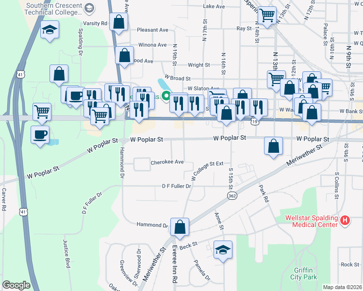 map of restaurants, bars, coffee shops, grocery stores, and more near 1208 West Poplar Street in Griffin