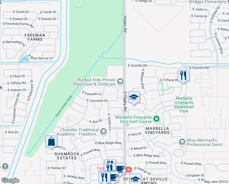 map of restaurants, bars, coffee shops, grocery stores, and more near 3154 East Tiffany Way in Gilbert