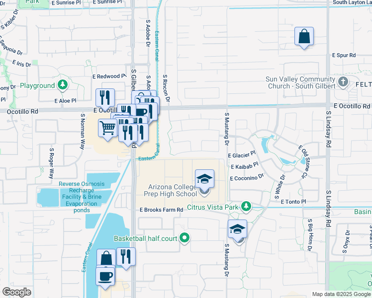 map of restaurants, bars, coffee shops, grocery stores, and more near 4131 South Miller Drive in Chandler