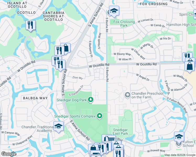 map of restaurants, bars, coffee shops, grocery stores, and more near 891 West Zion Place in Chandler