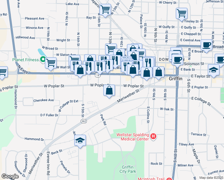map of restaurants, bars, coffee shops, grocery stores, and more near 623 West Poplar Street in Griffin