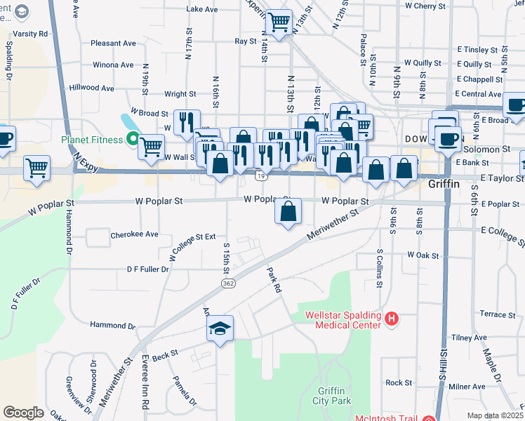 map of restaurants, bars, coffee shops, grocery stores, and more near 721 West Poplar Street in Griffin