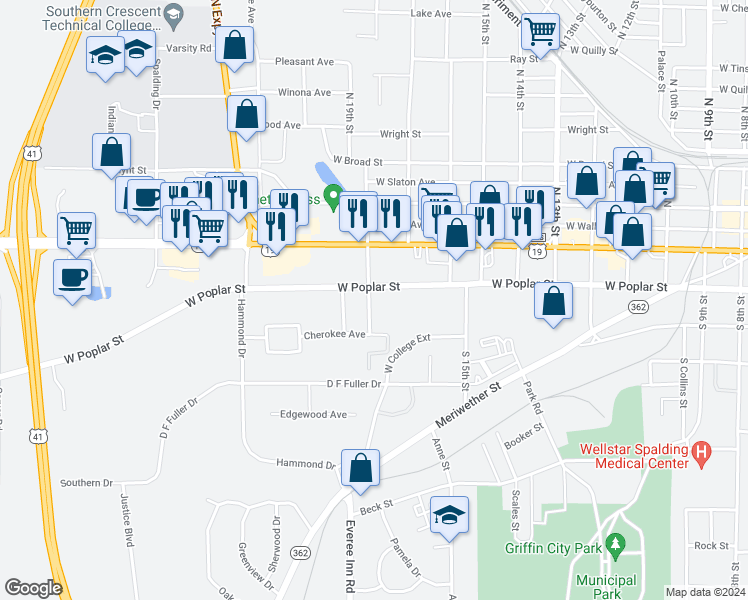 map of restaurants, bars, coffee shops, grocery stores, and more near 1208 West Poplar Street in Griffin