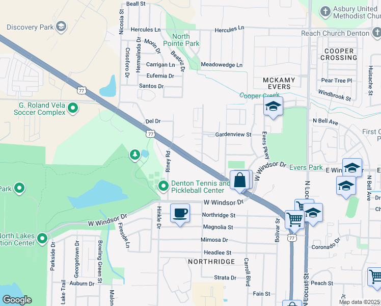map of restaurants, bars, coffee shops, grocery stores, and more near 609 Meadow View Court in Denton