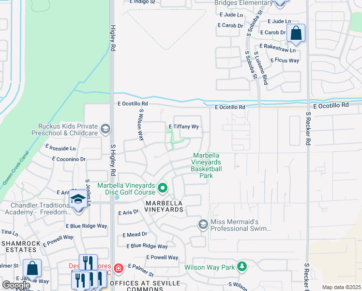 map of restaurants, bars, coffee shops, grocery stores, and more near 3476 East Orleans Drive in Gilbert