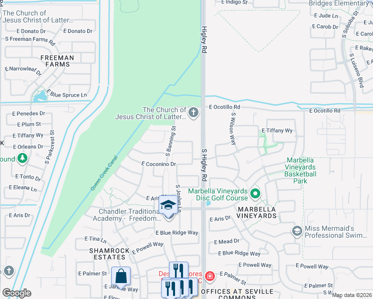 map of restaurants, bars, coffee shops, grocery stores, and more near 3154 East Tiffany Way in Gilbert