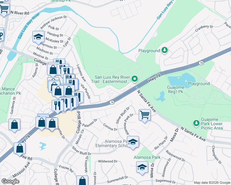 map of restaurants, bars, coffee shops, grocery stores, and more near 5005 Codorniz Way in Oceanside