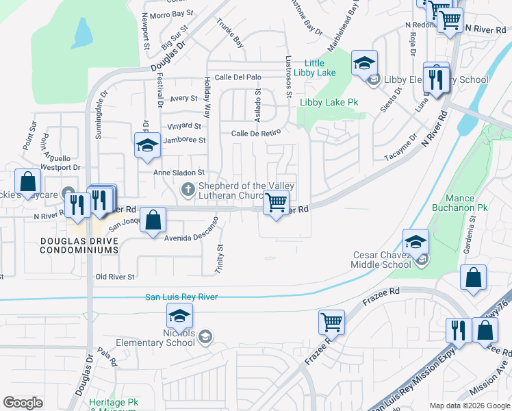 map of restaurants, bars, coffee shops, grocery stores, and more near 220 Riverview Way in Oceanside
