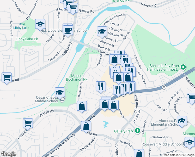 map of restaurants, bars, coffee shops, grocery stores, and more near 250 Manzanita Drive in Oceanside
