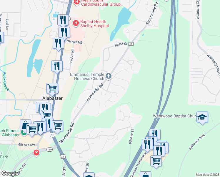 map of restaurants, bars, coffee shops, grocery stores, and more near 104 4th Avenue Northeast in Alabaster
