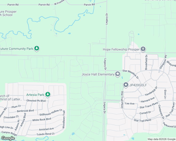 map of restaurants, bars, coffee shops, grocery stores, and more near 17043-17121 Prosper Road in Prosper