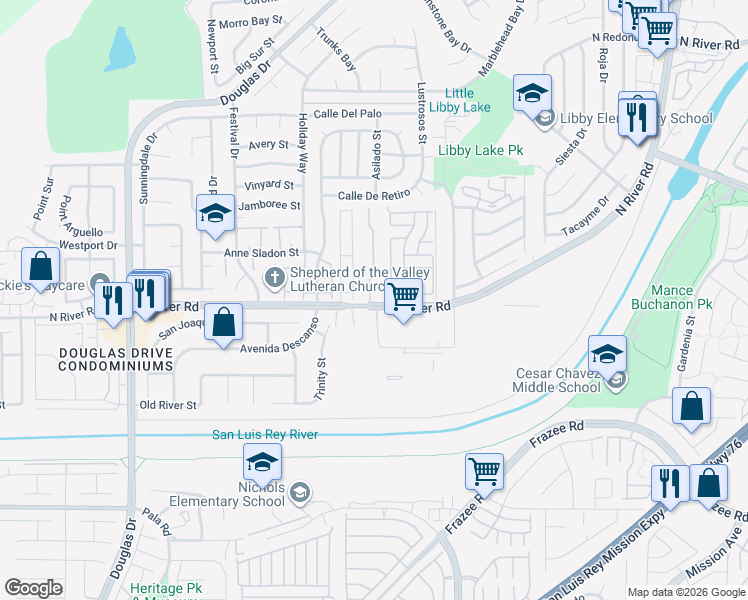 map of restaurants, bars, coffee shops, grocery stores, and more near 220 Riverview Way in Oceanside