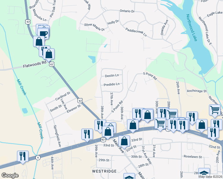 map of restaurants, bars, coffee shops, grocery stores, and more near 3716 Biscayne Hills Drive in Northport