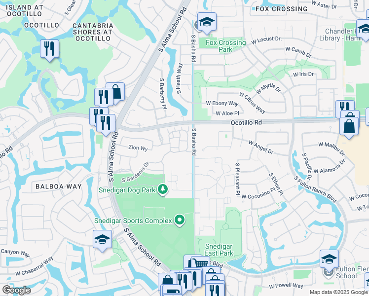 map of restaurants, bars, coffee shops, grocery stores, and more near 891 West Zion Place in Chandler