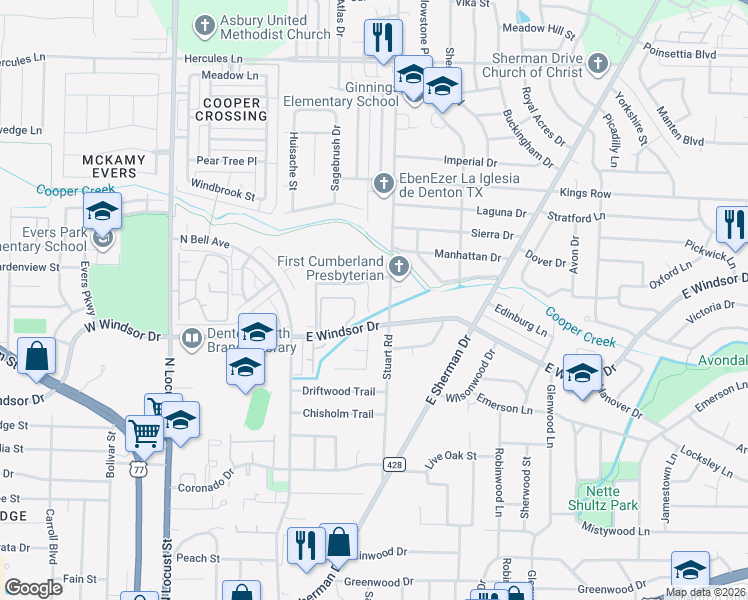 map of restaurants, bars, coffee shops, grocery stores, and more near 3013 Gray Wolf Circle in Denton