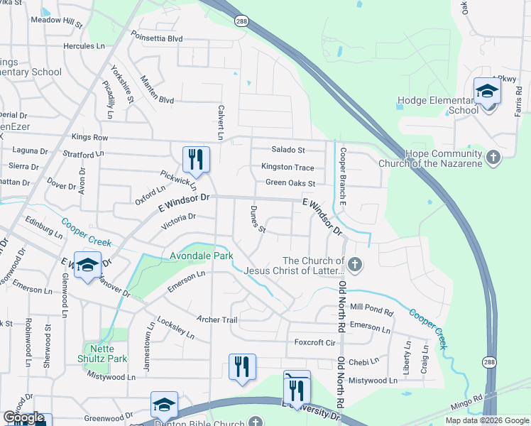 map of restaurants, bars, coffee shops, grocery stores, and more near 2300 East Windsor Drive in Denton