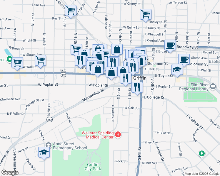 map of restaurants, bars, coffee shops, grocery stores, and more near 232 South 10th Street in Griffin