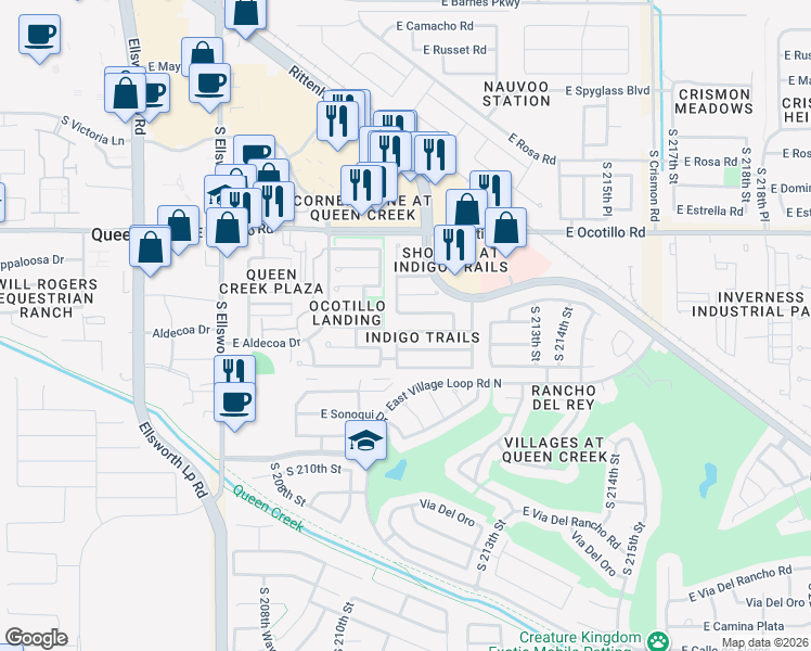 map of restaurants, bars, coffee shops, grocery stores, and more near 21116 East Munoz Street in Queen Creek