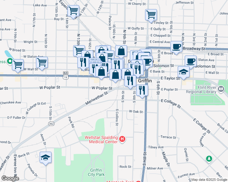 map of restaurants, bars, coffee shops, grocery stores, and more near 232 South 10th Street in Griffin