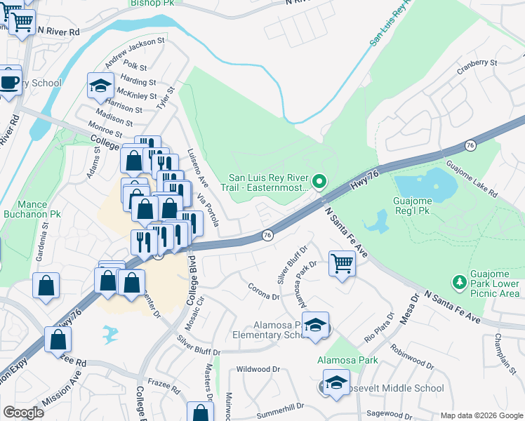 map of restaurants, bars, coffee shops, grocery stores, and more near 5040 Codorniz Way in Oceanside