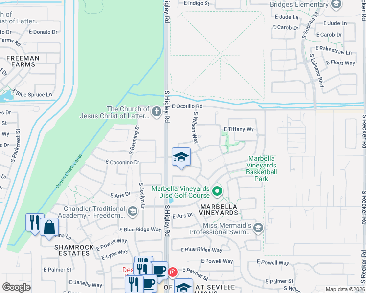 map of restaurants, bars, coffee shops, grocery stores, and more near 3297 East Ironside Lane in Gilbert