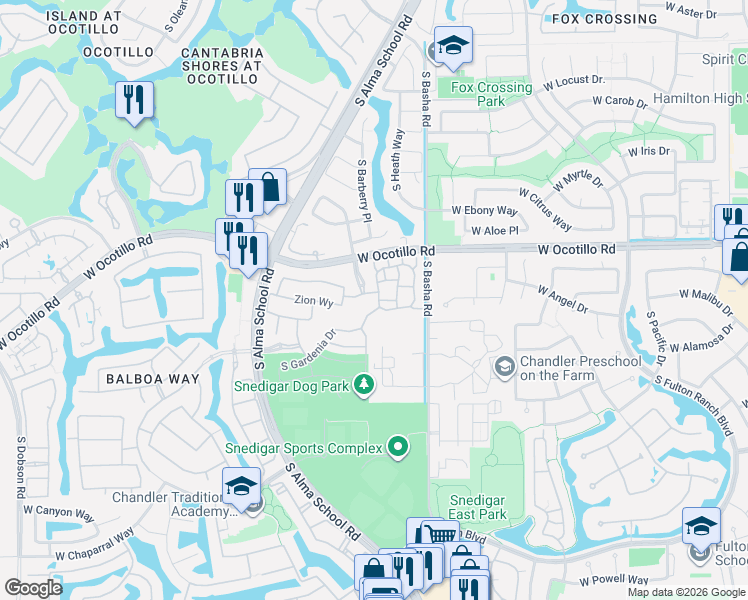 map of restaurants, bars, coffee shops, grocery stores, and more near 4077 South Sabrina Drive in Chandler