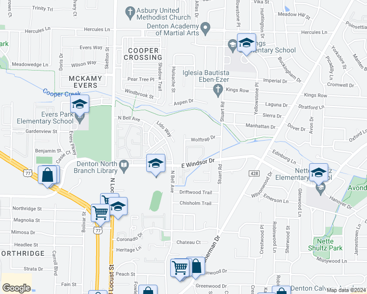 map of restaurants, bars, coffee shops, grocery stores, and more near 3043 Olympia Drive in Denton