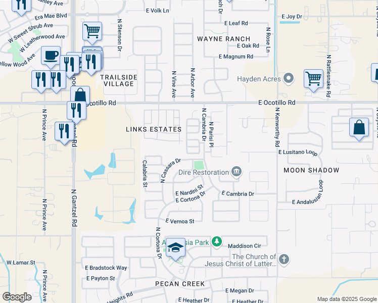 map of restaurants, bars, coffee shops, grocery stores, and more near 1110 East Ferrara Street in San Tan Valley