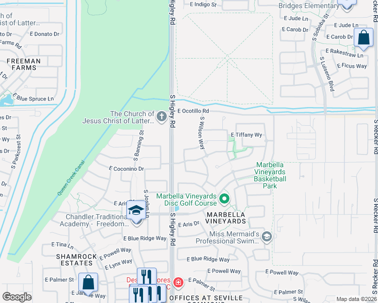 map of restaurants, bars, coffee shops, grocery stores, and more near 3297 East Ironside Lane in Gilbert