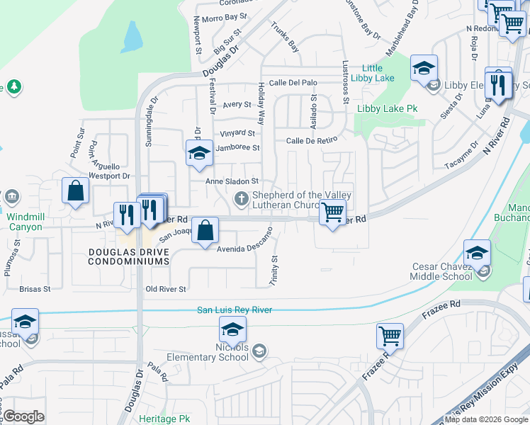 map of restaurants, bars, coffee shops, grocery stores, and more near 176 Avenida Descanso in Oceanside