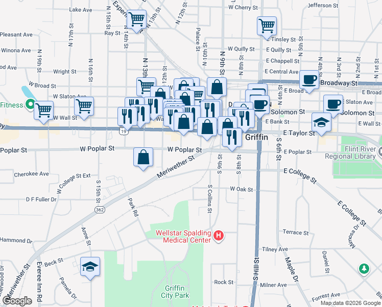map of restaurants, bars, coffee shops, grocery stores, and more near 431 West Poplar Street in Griffin