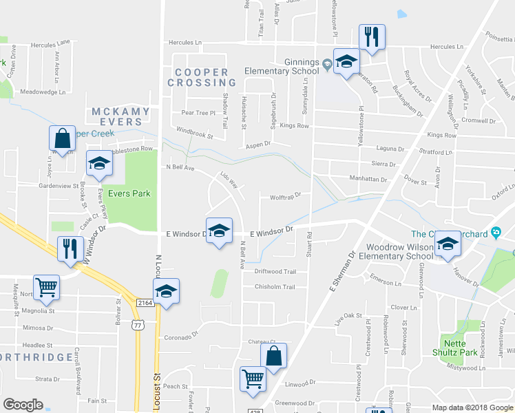 map of restaurants, bars, coffee shops, grocery stores, and more near 610 Wolftrap Drive in Denton