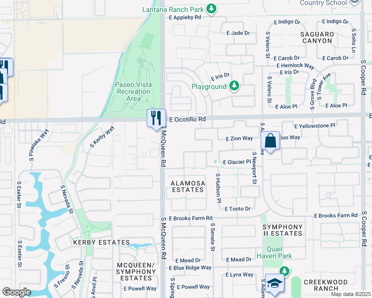 map of restaurants, bars, coffee shops, grocery stores, and more near 1164 East Grand Canyon Drive in Chandler