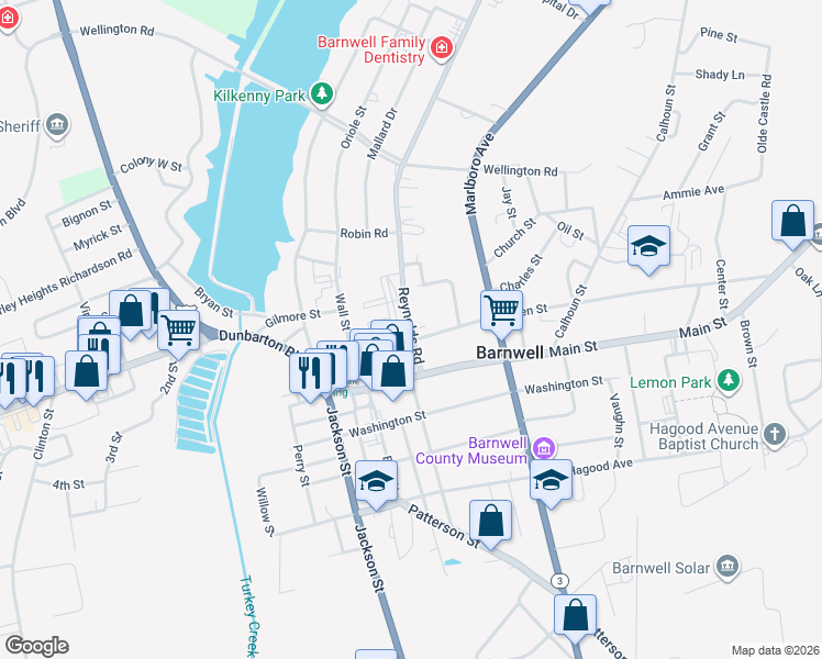 map of restaurants, bars, coffee shops, grocery stores, and more near 108 Reynolds Road in Barnwell