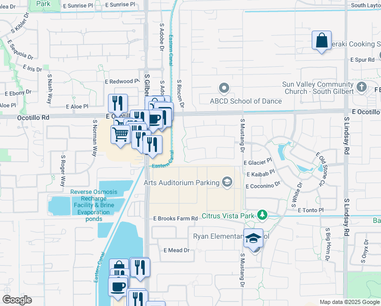 map of restaurants, bars, coffee shops, grocery stores, and more near 3315 East Grand Canyon Drive in Chandler