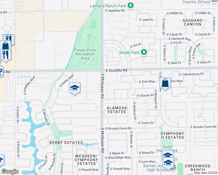 map of restaurants, bars, coffee shops, grocery stores, and more near 22050 South McQueen Road in Chandler