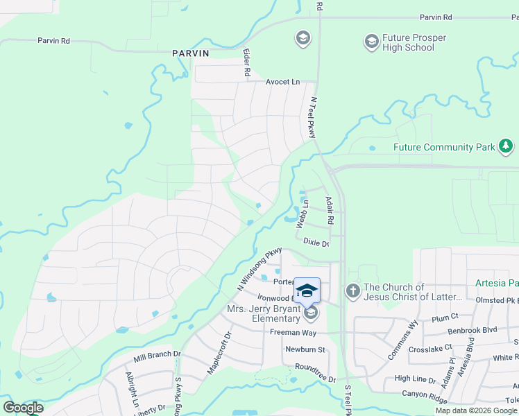 map of restaurants, bars, coffee shops, grocery stores, and more near Prosper Road in Prosper
