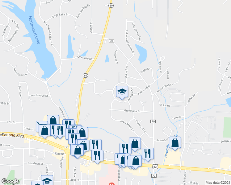 map of restaurants, bars, coffee shops, grocery stores, and more near 1261 Vestavia Circle in Northport