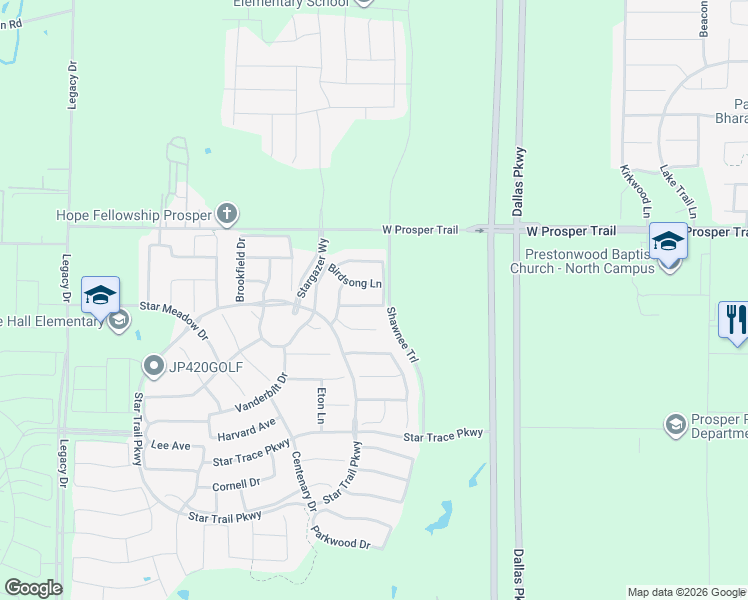 map of restaurants, bars, coffee shops, grocery stores, and more near 1641 Birdsong Lane in Prosper